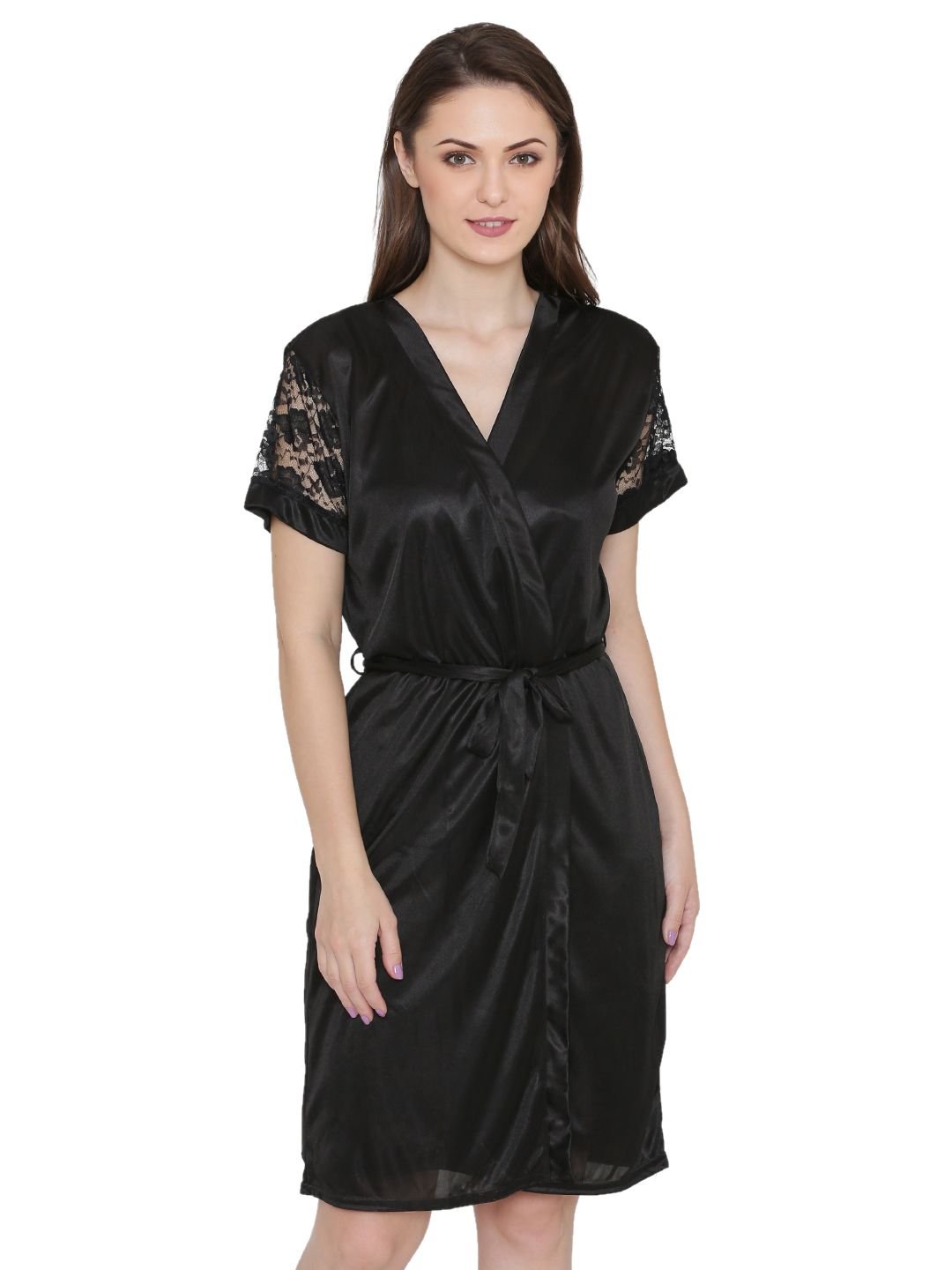 Buy N-Gal Relaxed Fit Satin Short Length Nighty - Black at Rs.419 online