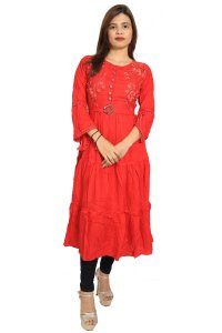 Red flower embroided straight Kurti for Womens/ girls (Apple color)- Made up of Rayon and designed for you plesant and comfy