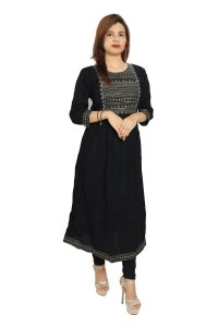 Curved horizontal lines embroided straight Kurti for Womens/ girls (black kurti)- Made up of Rayon and designed for you plesant and comfy