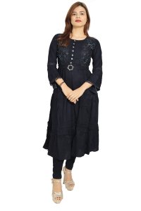 Black flowers- buttons embroided straight Kurti for Womens/ girls (black kurti)- Made up of Rayon and designed for you plesant and comfy