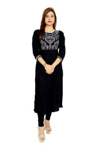 Karenji shaped designs embroided straight Kurti for Womens/ girls (black kurti)- Made up of Rayon and designed for you plesant and comfy