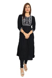 Five petal leaves embroided straight Kurti for Womens/ girls (black kurti)- Made up of Rayon and designed for you plesant and comfy