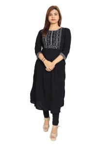 Black and white chained squares embroided straight Kurti for Womens/ girls (black kurti)- Made up of Rayon and designed for you plesant and comfy