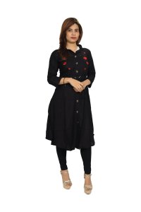 Red roses- belt embroided straight Kurti for Womens/ girls (black kurti)- Made up of Rayon and designed for you plesant and comfy