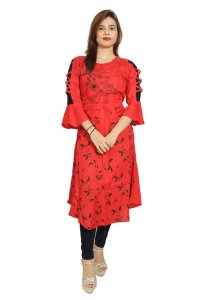 Black feather printed embroided straight Kurti for Womens/ girls (Red)- Made up of Rayon and designed for you plesant and comfy