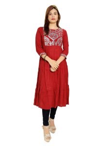 Karenji designed embroided straight Kurti for Womens/ girls (Red)- Made up of Rayon and designed for you plesant and comfy