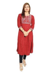 Five petal leaves embroided straight Kurti for Womens/ girls (Red)- Made up of Rayon and designed for you plesant and comfy