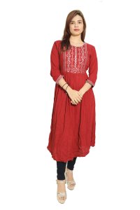 Red and white chained squares embroided straight Kurti for Womens/ girls (Red)- Made up of Rayon and designed for you plesant and comfy
