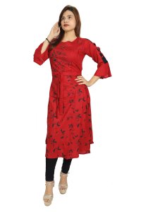 Black lined flower embroided straight Kurti for Womens/ girls (Red)- Made up of Rayon and designed for you plesant and comfy