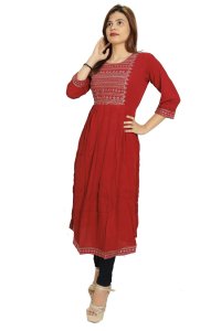 Curved line embroided straight Kurti for Womens/ girls (Red)- Made up of Rayon and designed for you plesant and comfy