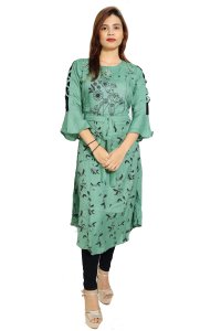 Black feather printed straight Kurti for Womens/ girls(Green Kurti) - Made up of Rayon and designed for you plesant and comfy