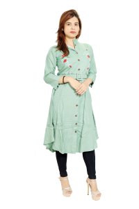 Red flower embroided straight Kurti for Womens/ girls (Green Kurti) - Made up of Rayon and designed for you plesant and comfy