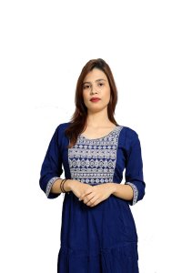 Chain curved square embroided straight Kurti for Womens/ girls (Blue)- Made up of Rayon and designed for you plesant and comfy
