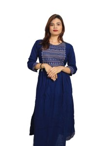 Curved straight lines embroided straight Kurti for Womens/ girls (Blue)- Made up of Rayon and designed for you plesant and comfy