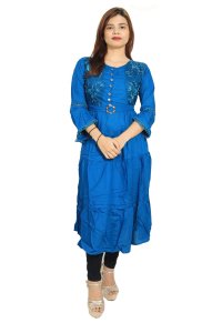 Blue flower embroided straight Kurti for Womens/ girls (Blue)- Made up of Rayon and designed for you plesant and comfy