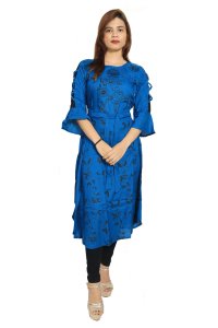 Black feather printed straight Kurti for Womens/ girls (Blue)- Made up of Rayon and designed for you plesant and comfy