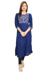 Karenji shaped designed embroided straight kurti for womens / girls (Dark Blue) - Made up of Rayon and designed for you plesant and comfy