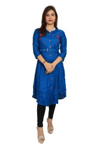 Red planted roses with a belt embroided straight Kurti for Womens/ girls (Blue Kurti) - Made up of Rayon and designed for you plesant and comfy