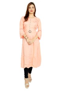 Orange flowers embroided with 7 buttons straight Kurti for Womens/ girls (Peach Colour Kurti) - Made up of Rayon and designed for you plesant and comfy