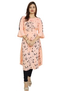 Black feather printed embroided straight Kurti for Womens/ girls (Peach Colour Kurti) - Made up of Rayon and designed for you plesant and comfy