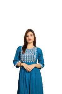 Flower pearl embroided straight kurti for womens / girls (Sky blue kurti) - Made up of Rayon and designed for you plesant and comfy