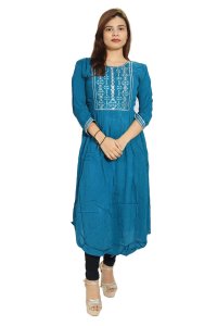 Blue white square chained embroided straight kurti for womens / girls (Sky blue kurti) - Made up of Rayon and designed for you plesant and comfy