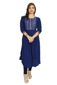 Blue white curved squares embroided straight kurti for womens / girls  (Navy Blue kurti) - Made up of Rayon and designed for you plesant and comfy