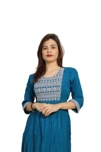 Curved square embroided straight kurti for womens / girls (Sky blue kurti) - Made up of Rayon and designed for you plesant and comfy