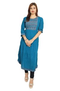 Curved lines embroided straight kurti for womens / girls (Sky blue kurti) - Made up of Rayon and designed for you plesant and comfy