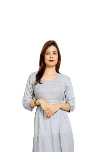 Curved square chained embroided straight Kurti for Womens/ girls (Grey)- Made up of Rayon and designed for you plesant and comfy