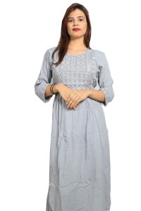 Flowers with pearl embroided straight Kurti for Womens/ girls (Grey)- Made up of Rayon and designed for you plesant and comfy