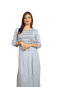 Curved straight lines embroided straight Kurti for Womens/ girls (Grey)- Made up of Rayon and designed for you plesant and comfy