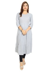 Karenji shaped embroided straight Kurti for Womens/ girls (Grey)- Made up of Rayon and designed for you plesant and comfy