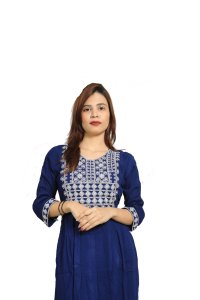 Flower and pearl embroided straight kurti for womens / girls (Dark Blue) - Made up of Rayon and designed for you plesant and comfy