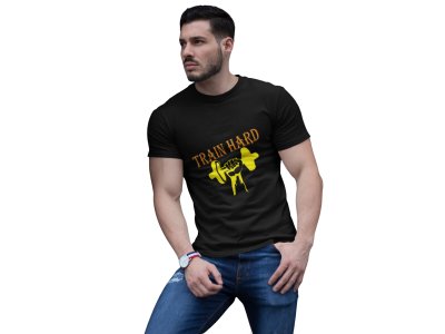 Train Hard, (BG Orange and Yellow), Round Neck Gym Tshirt (Black Tshirt) - Clothes for Gym Lovers - Suitable for Gym Going Person - Foremost Gifting Material for Your Friends and Close Ones