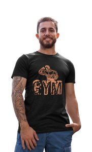 Gym, (BG Orange), Round Neck Gym Tshirt - Clothes for Gym Lovers (Black Tshirt) - Suitable for Gym Going Person - Foremost Gifting Material for Your Friends and Close Ones
