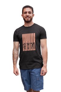 Gym Written in Front of a Flag,(BG Orange), Round Neck Gym Tshirt (Black Tshirt) - Clothes for Gym Lovers - Suitable for Gym Going Person - Foremost Gifting Material for Your Friends and Close Ones