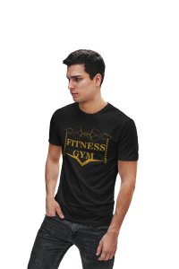 Fitness Gym, (BG Golden), Round Neck Gym Tshirt (Black Tshirt) - Clothes for Gym Lovers - Suitable for Gym Going Person - Foremost Gifting Material for Your Friends and Close Ones