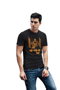 Feel The Pain, Straight Lines Round Neck Gym Tshirt (BG Orange) (Black Tshirt) - Clothes for Gym Lovers - Foremost Gifting Material for Your Friends and Close Ones
