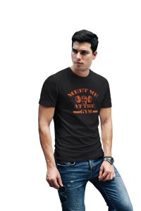 Meet Me At The Gym, 3 Black Dots, Round Neck Gym Tshirt (BG Orange) (Black Tshirt) - Clothes for Gym Lovers - Foremost Gifting Material for Your Friends and Close Ones