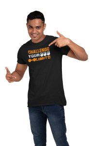 Challenge Your Limits, (BG Orange and White), Round Neck Gym Tshirt (White Tshirt) - Clothes for Gym Lovers - Suitable for Gym Going Person - Foremost Gifting Material for Your Friends and Close Ones