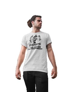 Fitness Health, Fist In Fire (BG Black), Round Neck Gym Tshirt (White Tshirt) - Clothes for Gym Lovers - Suitable for Gym Going Person - Foremost Gifting Material for Your Friends and Close Ones