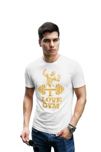 I Love Gym, (BG Golden), Round Neck Gym Tshirt (White Tshirt) - Clothes for Gym Lovers - Suitable for Gym Going Person - Foremost Gifting Material for Your Friends and Close Ones