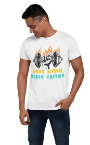 Hard Work Beats Talent, (BG Black, Yellow and White), Round Neck Gym Tshirt (White Tshirt) - Clothes for Gym Lovers - Suitable for Gym Going Person - Foremost Gifting Material for Your Friends
