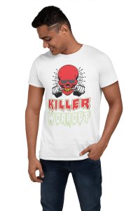 Killer Workout, (BG Red and White), Round Neck Gym Tshirt (White Tshirt) - Clothes for Gym Lovers - Suitable for Gym Going Person - Foremost Gifting Material for Your Friends and Close Ones