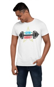 Gym Addict, (BG White, Red and Yellow), Barbell In Middle, Round Neck Gym Tshirt (White Tshirt) - Clothes for Gym Lovers - Suitable for Gym Going Person - Foremost Gifting Material for Your Friends and Close Ones