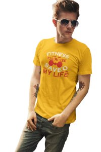 Fitness, Exercise Saved My Life, Round Neck Gym Tshirt (Dumble In Red) (Yellow Tshirt) - Foremost Gifting Material for Your Friends and Close Ones