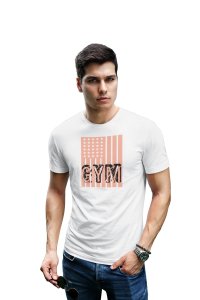 Gym Written in Front of a Flag,(BG Orange), Round Neck Gym Tshirt (White Tshirt) - Clothes for Gym Lovers - Foremost Gifting Material for Your Friends and Close Ones