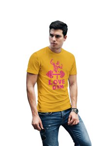 I Love Gym, (BG Pink), Round Neck Gym Tshirt (Yellow Tshirt) - Clothes for Gym Lovers - Suitable for Gym Going Person - Foremost Gifting Material for Your Friends and Close Ones