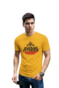 Unlimited Fitness, (5 Red Block Lines) Broken Text Round Neck Gym Tshirt (Yellow Tshirt) - Clothes for Gym Lovers - Foremost Gifting Material for Your Friends and Close Ones